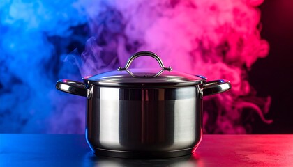 Steaming Pot with Colorful Smoke Background.