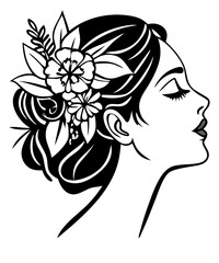 Elegant Female Portrait with Floral Hair – Black and White Vector
