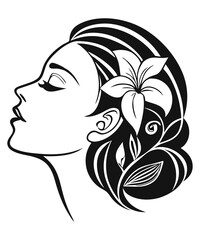 Elegant Female Portrait with Floral Hair – Black and White Vector
