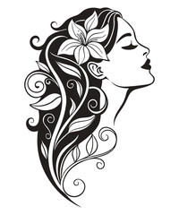 Elegant Female Portrait with Floral Hair – Black and White Vector
