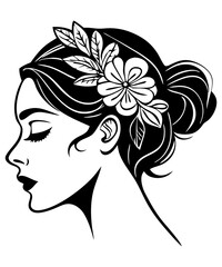 Elegant Female Portrait with Floral Hair – Black and White Vector

