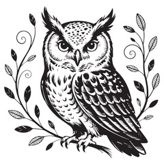 Vintage Owl Vector Illustration – Hand-Drawn Bird with Floral Elements