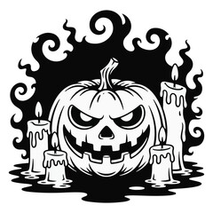 Spooky Jack-o'-Lantern with Melting Candles and Dark Swirls – Halloween Vector Illustration