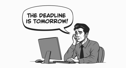 Fototapeta premium A stressed employee at a computer says, 