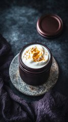 A vibrant breakfast bowl sits on a wooden board, featuring layers of rich yogurt topped with nuts and a drizzle of sauce, perfect for a morning treat