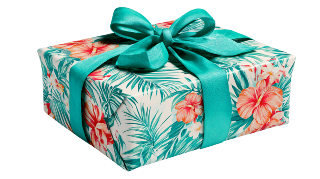 Wrapped present in tropical print with bow, slightly tilted, shadowed edge, isolated, PNG 