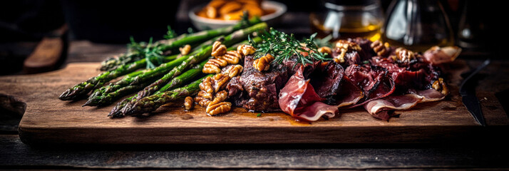 A beautifully arranged breakfast board is set on a wooden cutting board, showcasing grilled meats, vibrant roasted vegetables, fresh herbs, and crunchy nuts, ready to be enjoyed, banner
