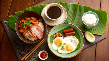 Overhead 5K of Thai hotel breakfast with coffee, eggs, ham, and Chiang Mai sausage