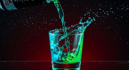 A dynamic and energetic action shot capturing the moment a vibrant, glowing green liquid is poured into a shot glass, creating a dramatic splash. 