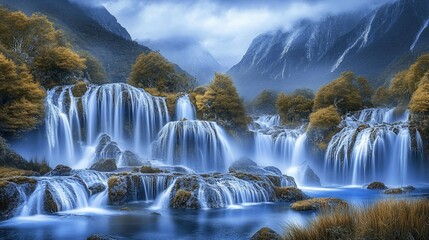 Autumn Waterfall Mountain Landscape; Peaceful Nature Scene; Photo for wallpaper or screensaver