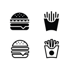 black and white burger and fries icon set for fast food branding, restaurant menu design, illustrations, and food-related graphics

