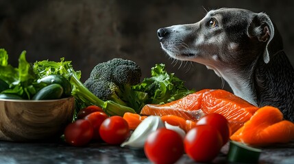 Dog with Fresh Vegetables and Salmon in Artistic Still Life