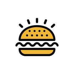 minimalist burger icon with sesame seed bun, wavy lettuce, and radiant sunburst lines, ideal for modern food branding and menus