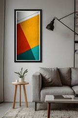 Abstract geometric art print with vibrant colors in a modern living room setting.
