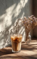 Iced coffee in a glass, sits on a wooden surface near dried flowers in a vase, with sunlight casting shadows on a textured wall