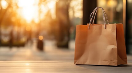 A solitary brown paper shopping bag sits on a wooden surface, illuminated by soft sunset light, symbolizing consumerism and the simple beauty of everyday life.