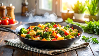 Steaming vegetable stirfry in pan.