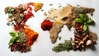Fototapeta premium World map made of different aromatic spices on white background
