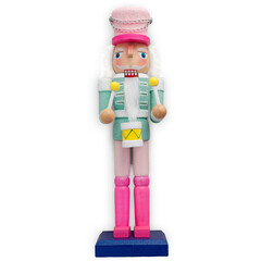 A colorful nutcracker figure, often associated with holiday decorations and performances, holding drumsticks and wearing festive attire.