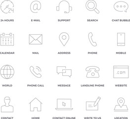 Contact us 28 icon set. Web icons , home, call, location, globe, world, message, mail, address, search, magnifying glass, website, icons.