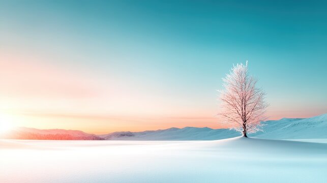 A solitary tree stands starkly against a pristine snowy landscape at dawn, evoking feelings of solitude, tranquility, and the awe of nature's quiet beauty in this serene setting.