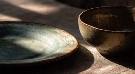 Sunlit rustic ceramic plate and bowl on wood, displaying mottled dark-green and brown glaze