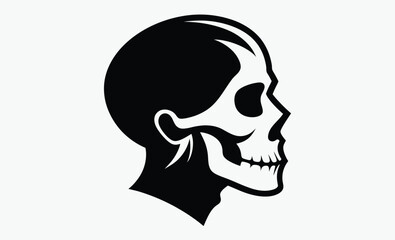 Skull silhouette profile, side view skull icon, black and white vector, Halloween design art, spooky bone illustration