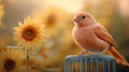 A vibrant orange bird rests on a wire cage under the bright sunlight, surrounded by sunflowers, symbolizing beauty, nature, and the joy found in life's simple pleasures.
