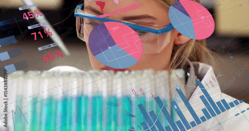 Poster female scientist scanning lab data lifting pipette drawing liquid while monitoring analytics