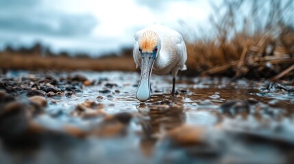 A close-up shot of an elegant spoonbill bird wading in shallow water, highlighting the intricate beauty of wildlife and their serene existence in a natural landscape amidst nature.