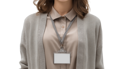 Woman in business casual outfit with ID badge, facing camera, cropped to chest, isolated, PNG