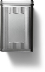 A metallic container with a smooth surface and vertical ridges, likely used for storage or packaging.