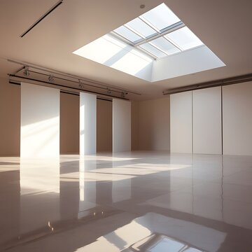 Modern open floor plan photography studio, bathed in soft, warm natural light pouring in from the overhead skylight, featuring moveable walls allowing for versatile composition.