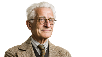 Older male professor in tweed jacket smiling slightly, white background, high-resolution, PNG