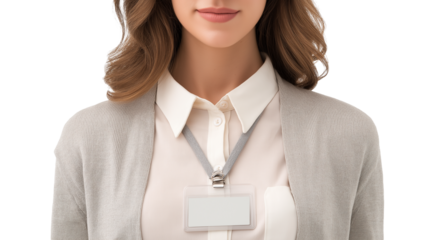 Woman in business casual outfit with ID badge, facing camera, cropped to chest, isolated, PNG