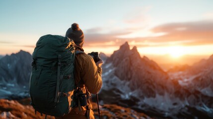 Fototapeta premium An explorer, equipped with a camera, captures the breathtaking sunrise from a mountain peak, representing adventure, inspiration, and the beauty of nature.