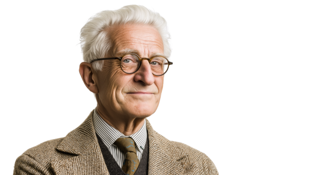 Older male professor in tweed jacket smiling slightly, white background, high-resolution, PNG