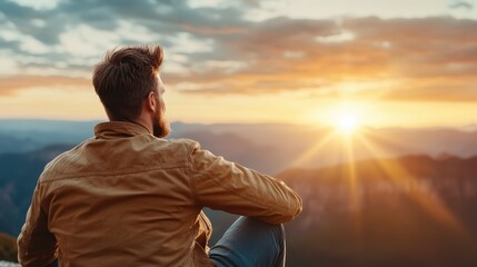 Fototapeta premium A contemplative man gazes at a radiant sunrise from a mountain summit, symbolizing hope, reflection, and the beauty of nature as he embraces both the moment and the journey ahead.