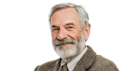 Older male professor in tweed jacket smiling slightly, white background, high-resolution, PNG