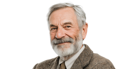 Older male professor in tweed jacket smiling slightly, white background, high-resolution, PNG
