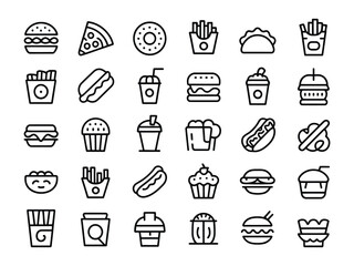 set of 25 minimalist line icons featuring classic fast food items including burgers, fries, pizza, hotdogs, desserts, and beverages