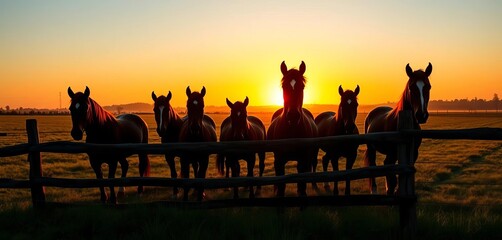 Silhouetted herd of farm horses grazing peacefully in a sun-drenched meadow beyond a rustic wooden fence at sunset,  beauty,  equestrian