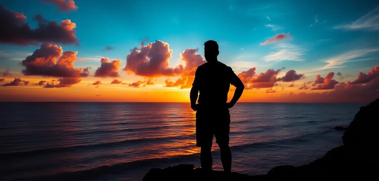 Silhouette against vibrant sunset over ocean, cliff edge, dramatic, inspiring - Powered by Adobe