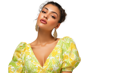 Model in summer dress with visible earrings and neckline, clean styling, no hands, white background, PNG