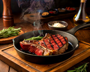 Restaurant-style T-bone steak on sizzling cast-iron skillet, rustic wooden table
