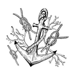 Black and white illustration features a classic nautical anchor entwined with thick ropes and surrounded by coral branches. The detailed hand drawn vector composition. Sketch in line art style.