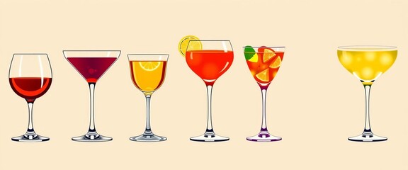 Set of flat-line cocktail glasses; whiskey, vermouth, gin martini, Aperol spritz, margarita silhouettes on beige,  celebration,  event