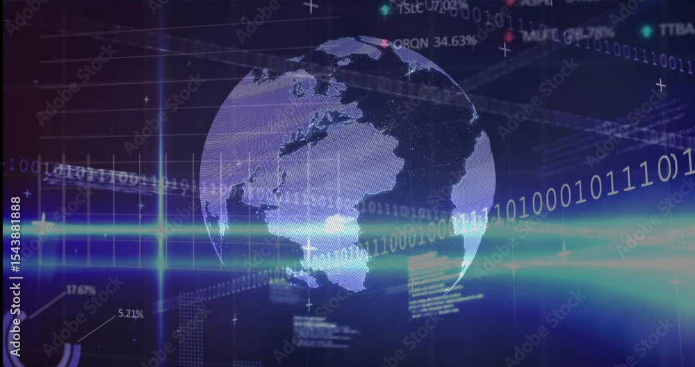 Poster stylized globe appearing rotating westward code streaming updating charts tickers visualizing data