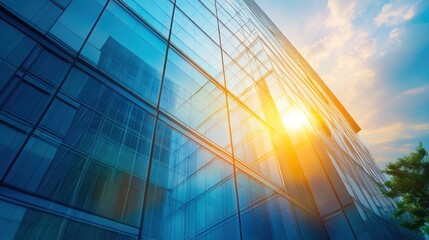 Modern glass office building at sunset