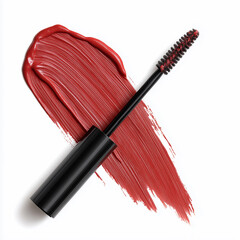 Eyelash brush with red mascara smear on white background. Cosmetics and make-up concept. Flat lay for poster, commercial, presentation 